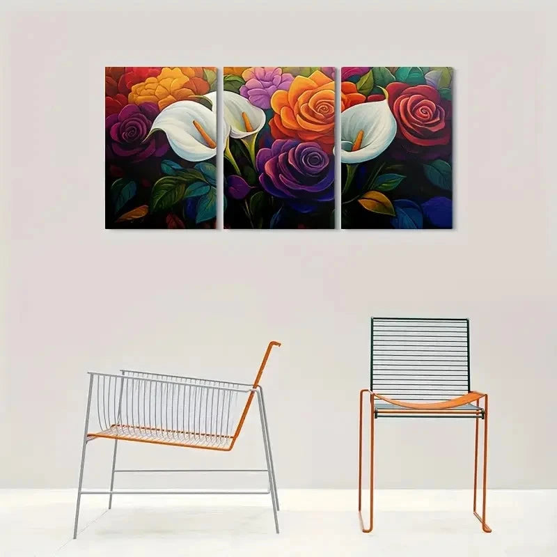 3pcs Colorful Floral White Orange and Red Metal Print Ready to Hang Art - Bella Home Decor