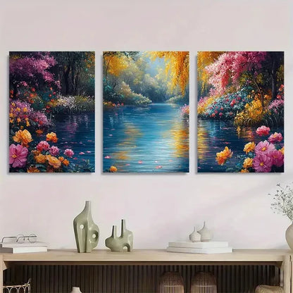 3pcs Floral River Nature Flower Perfect Wall Art Canvas Unframed - High Quality Print 100% Australian Made Wall Canvas - Bella Home Decor