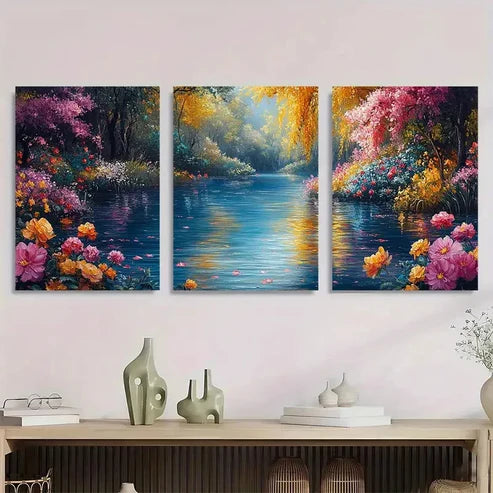 3pcs Floral River Nature Flower Perfect Wall Art Canvas Unframed - High Quality Print 100% Australian Made Wall Canvas