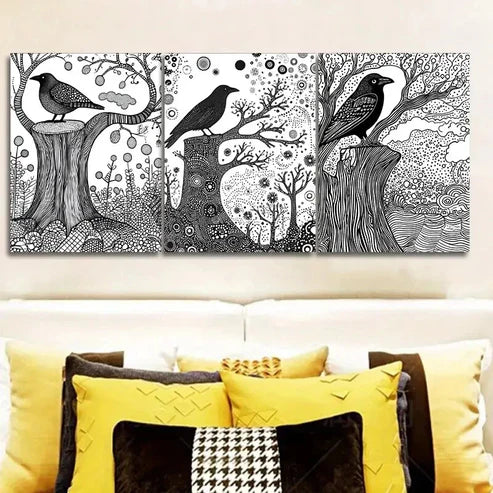 3pcs Black & White Nature Scene Intricate Tree Wall Art Set Canvas Unframed - High Quality Print 100% Australian Made Wall Canvas - Bella Home Decor