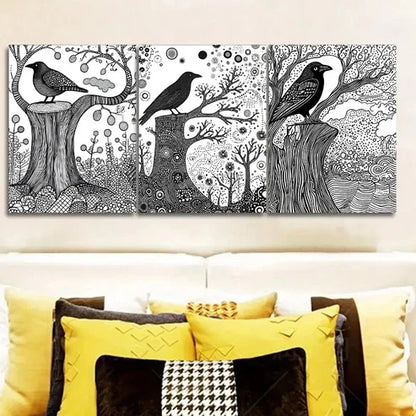 3pcs Black & White Nature Scene Intricate Tree Wall Art Set Canvas Unframed - High Quality Print 100% Australian Made Wall Canvas - Bella Home Decor
