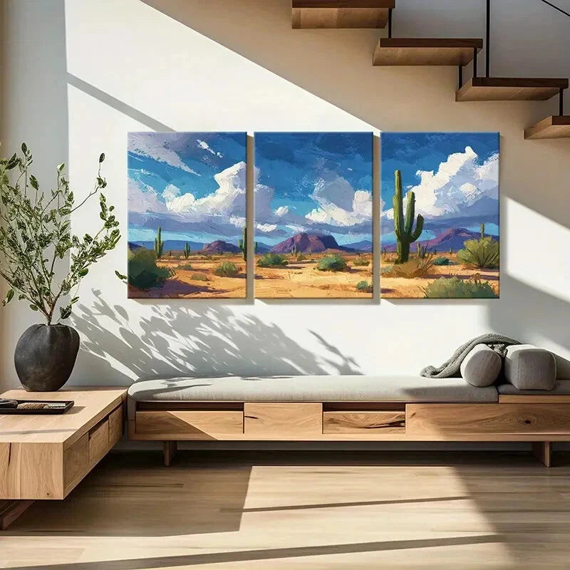3pcs Vibrant Cactus & Mountain Blue Sky & Clouds Metal Print Ready to Hang Art - Bella Home Decor