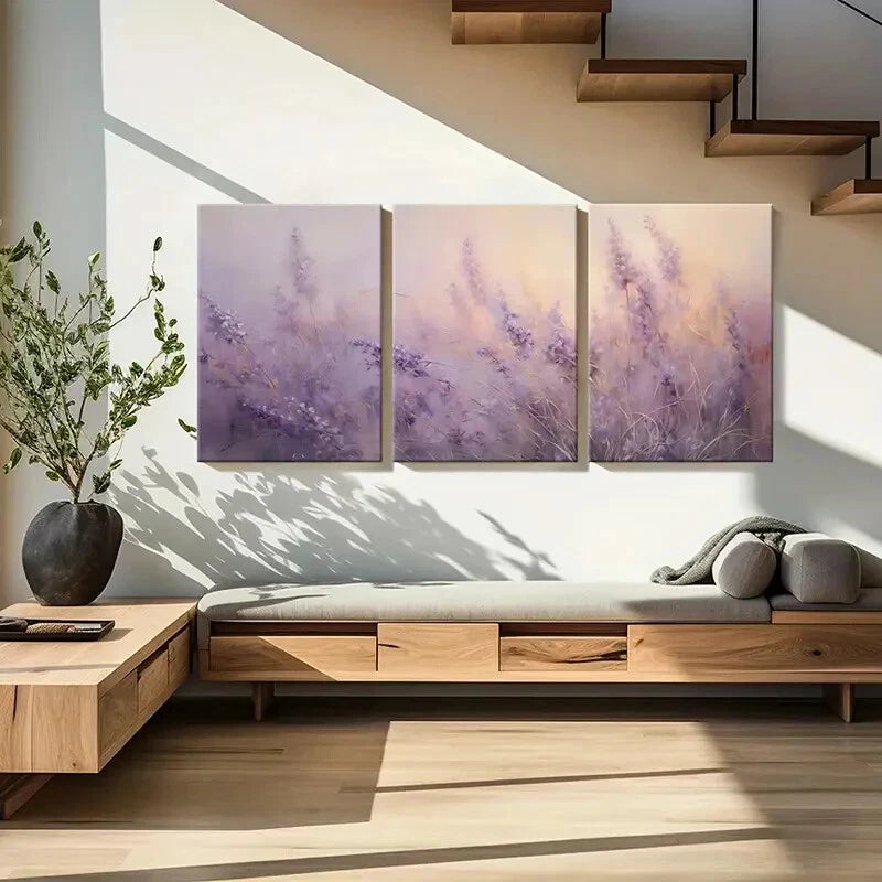 3pcs Lavender Field Soft Pastels Serene Landscape Metal Print Ready to Hang Art - Bella Home Decor