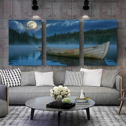 3pcs Full Moon Rowboat Pine Trees Calm Lake Metal Print Ready to Hang Art - Bella Home Decor