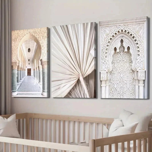 3pcs Moroccan Elegant Arch & Fan-Shaped Designs Wall Art Set Canvas Framed 50x70cm - High Quality Print 100% Australian Made Wall Canvas Ready to Hang