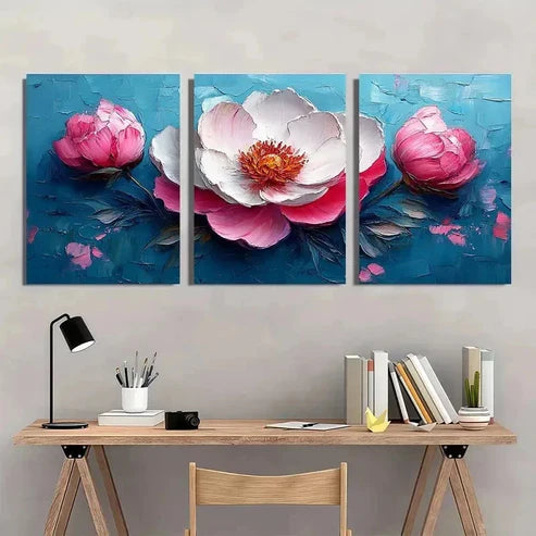 3pcs White Modern Peony Modern Impasto Wall Art Canvas Unframed - High Quality Print 100% Australian Made Wall Canvas