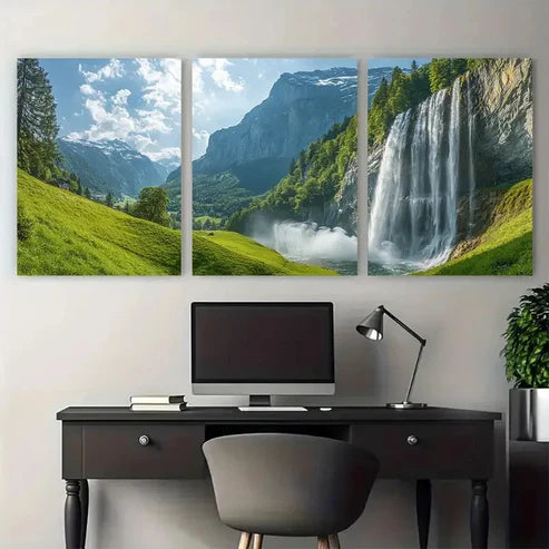 3pcs Lauterbrunnen Waterfall with Lush Greenery Wall Art Set Canvas Unframed - High Quality Print 100% Australian Made Wall Canvas