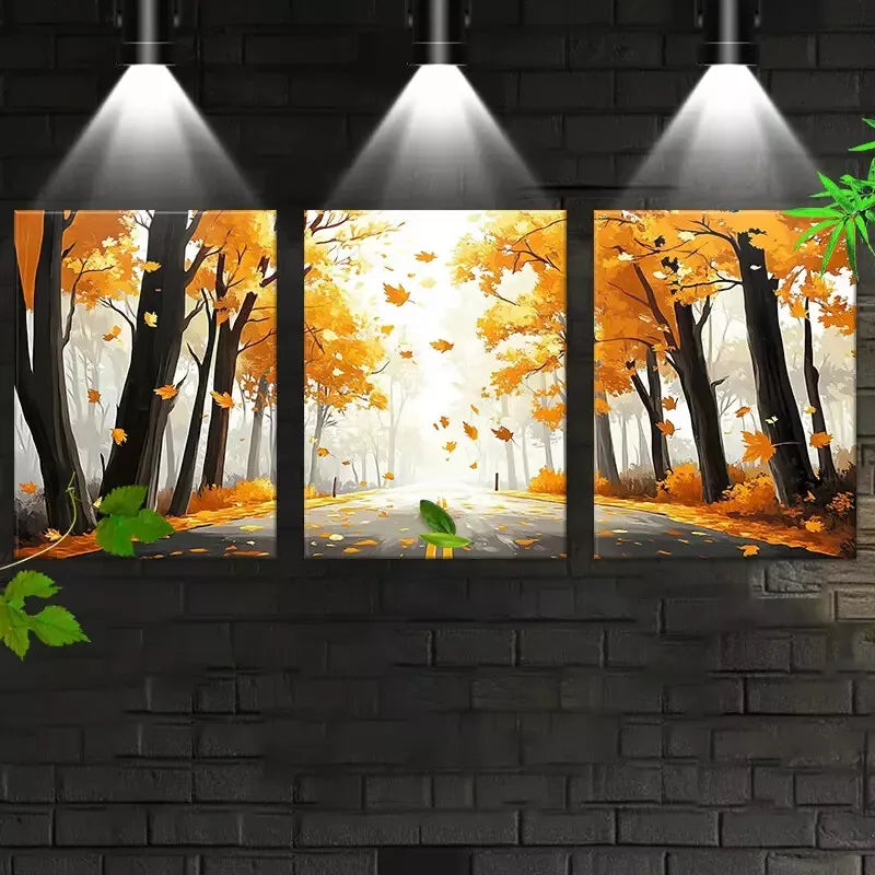3pcs Autumn Forest Mountain Road Watercolor Natural Art Set Canvas Framed 50x70cm - High Quality Print 100% Australian Made Wall Canvas Ready to Hang