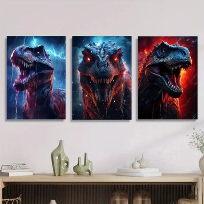 3pcs illustration, ferocious dinosaur, Metal Print Ready to Hang Art