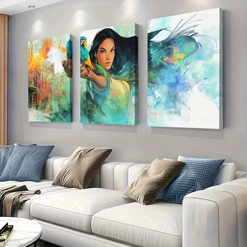 3pcs Bold Woman with Parrot, Vibrant Fantasy Wall Art Set Canvas Unframed - High Quality Print 100% Australian Made Wall Canvas - Bella Home Decor