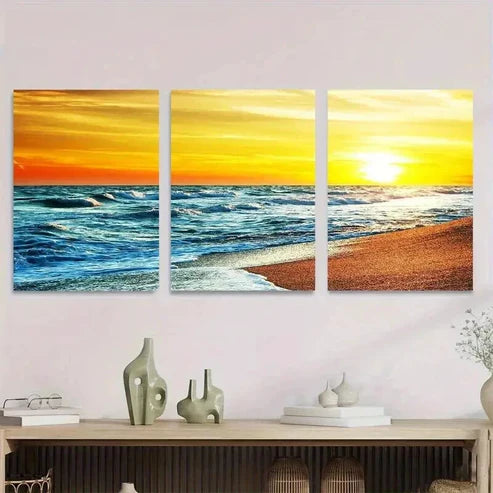 3pcs Ocean Waves & Sandy Shoreline Sunset Beach Wall Art Set Canvas Unframed - High Quality Print 100% Australian Made Wall Canvas