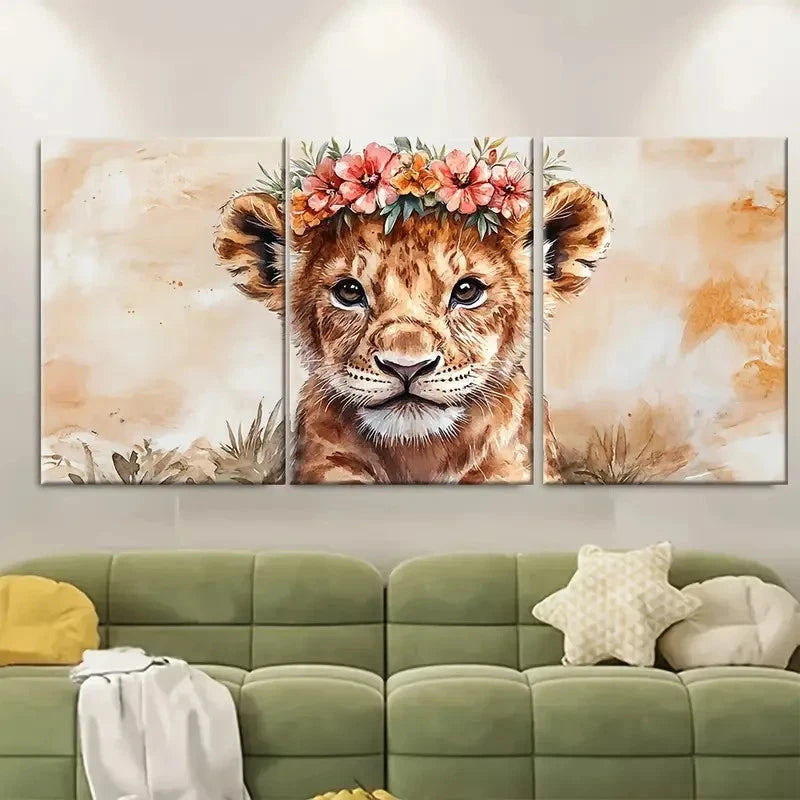 3pcs Watercolour Lion Cub with Flower Crown TI    Wall Art Set Canvas Framed 50x70cm - High Quality Print 100% Australian Made Wall Canvas Ready to Hang
