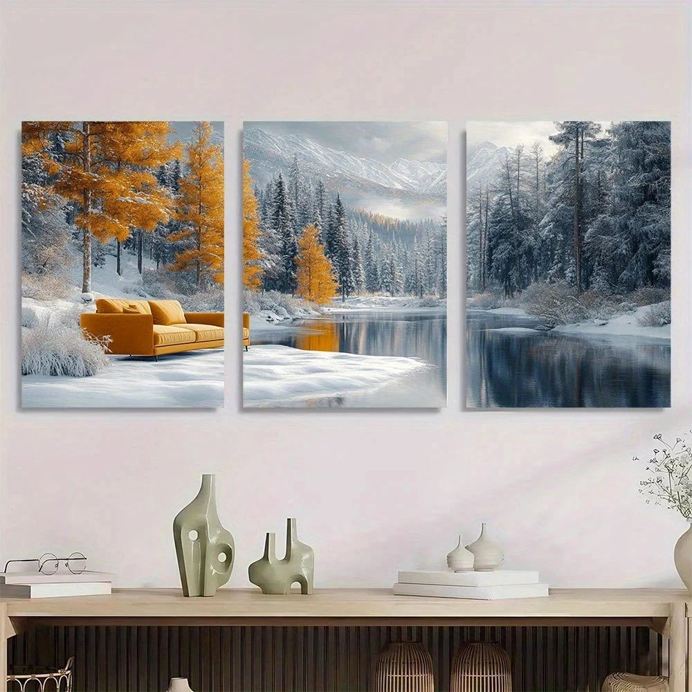 3pcs Snowy Mountain & Winter Forest Scenery Metal Print Ready to Hang Art - Bella Home Decor