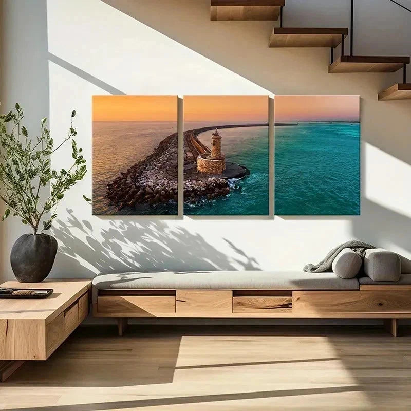 3pcs Sunset Sea Lighthouse Pier Modern Wall Art Set Canvas Framed 60x90cm - High Quality Print 100% Australian Made Wall Canvas Ready to Hang - Bella Home Decor