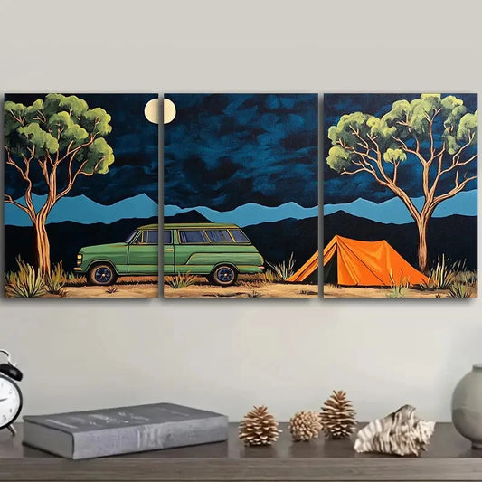 3pcs Green Station Wagon Art Painting Metal Print Ready to Hang Art