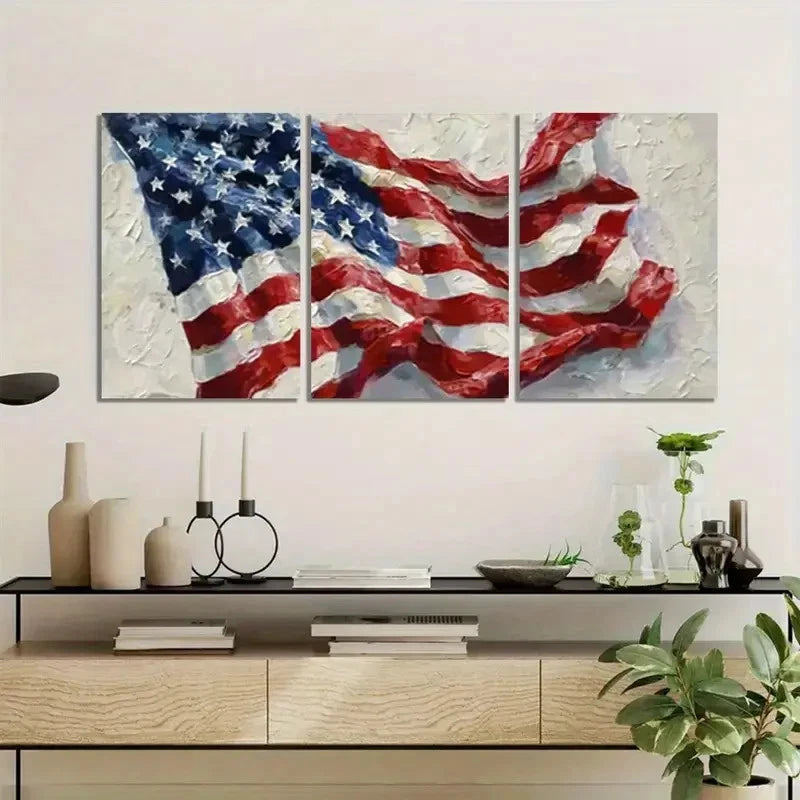 3pcs Modern American Flag Oil Painting Metal Print Ready to Hang Art - Bella Home Decor