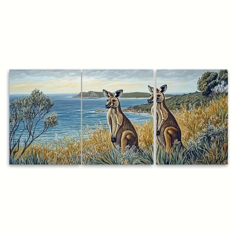 3pcs Kangaroo Scenic Australian Wildlife Wall Art Set Canvas Framed 40x60cm - High Quality Print 100% Australian Made Wall Canvas Ready to Hang