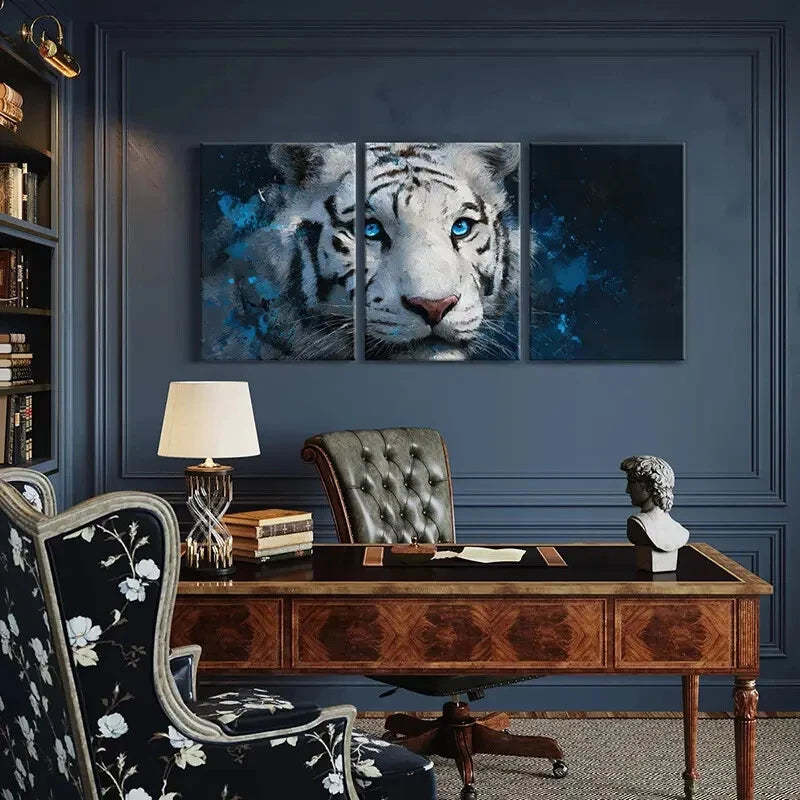 3pcs White Tiger Art Blue Eyes Abstract Painting Metal Print Ready to Hang Art - Bella Home Decor