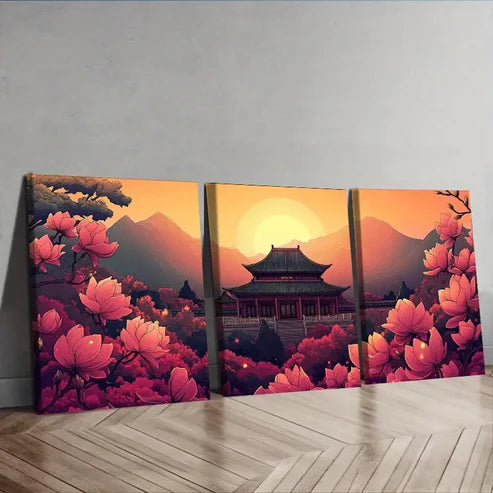 3pcs Colorful ancient Chinese buildings Wall Art Set Canvas Unframed - High Quality Print 100% Australian Made Wall Canvas