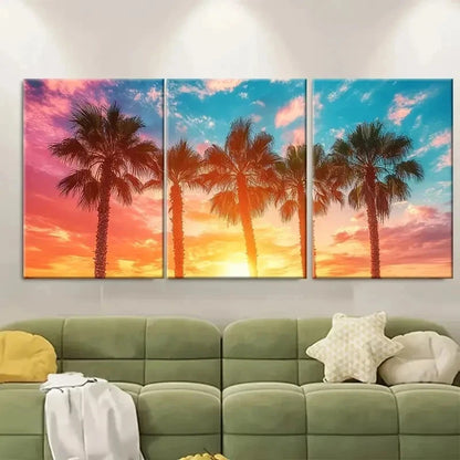3pcs Palm Trees Under Colorful Sky TY  Wall Art Set Canvas Framed 50x70cm - High Quality Print 100% Australian Made Wall Canvas Ready to Hang - Bella Home Decor