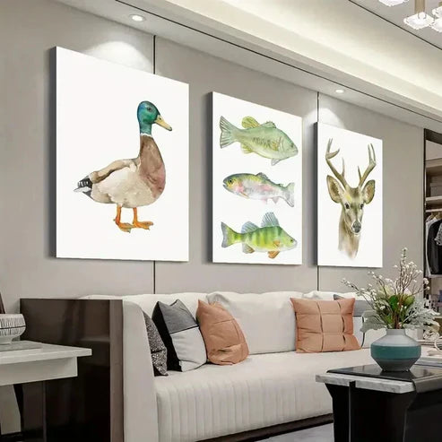 3pcs Watercolor Animal Duck Fish Deer  Wall Art Set Canvas Unframed - High Quality Print 100% Australian Made Wall Canvas