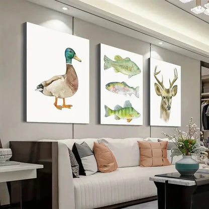 3pcs Watercolor Animal Duck Fish Deer  Wall Art Set Canvas Unframed - High Quality Print 100% Australian Made Wall Canvas