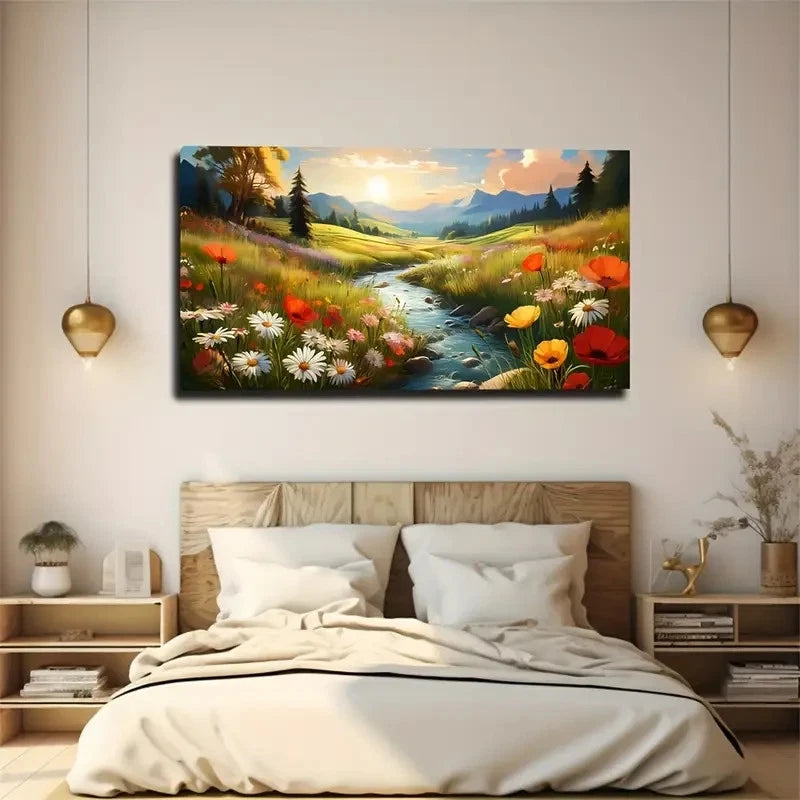 Wildflowers & Sunset Mountain Wall Art Canvas Office Home Room Framed 120x60cm
