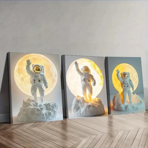 3pcs Cartoon Astronauts on the Moon Wall Art Set Canvas Unframed - High Quality Print 100% Australian Made Wall Canvas - Bella Home Decor