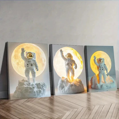3pcs Cartoon Astronauts on the Moon Wall Art Set Canvas Unframed - High Quality Print 100% Australian Made Wall Canvas - Bella Home Decor