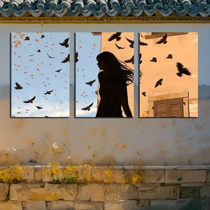 3pcs Silhouette Woman and Birds Illustration Metal Print Ready to Hang Art - Bella Home Decor