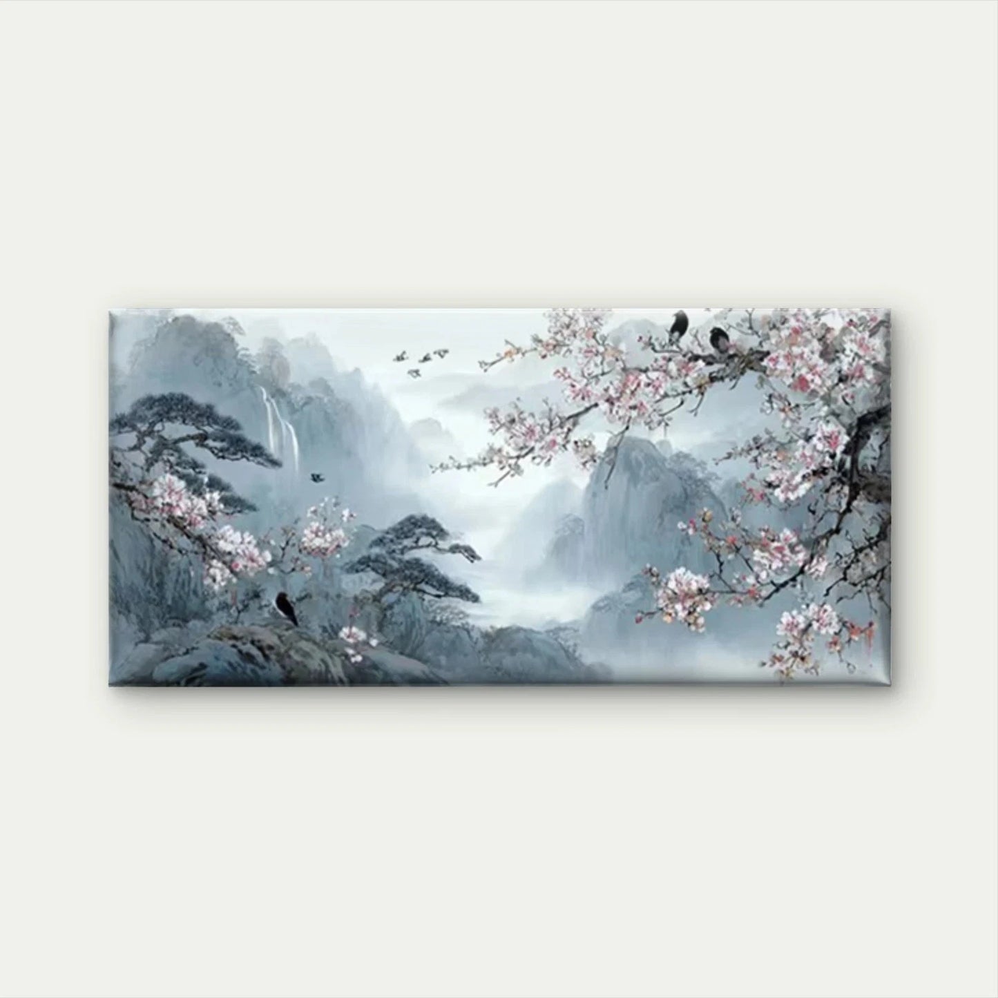 Plum Blossom & Misty Mountains Wall Art Canvas Office Home Room Framed 120x60cm
