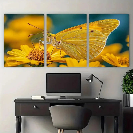 3pcs Vibrant Bright Yellow Butterfly Summer Flower Metal Print Ready to Hang Art