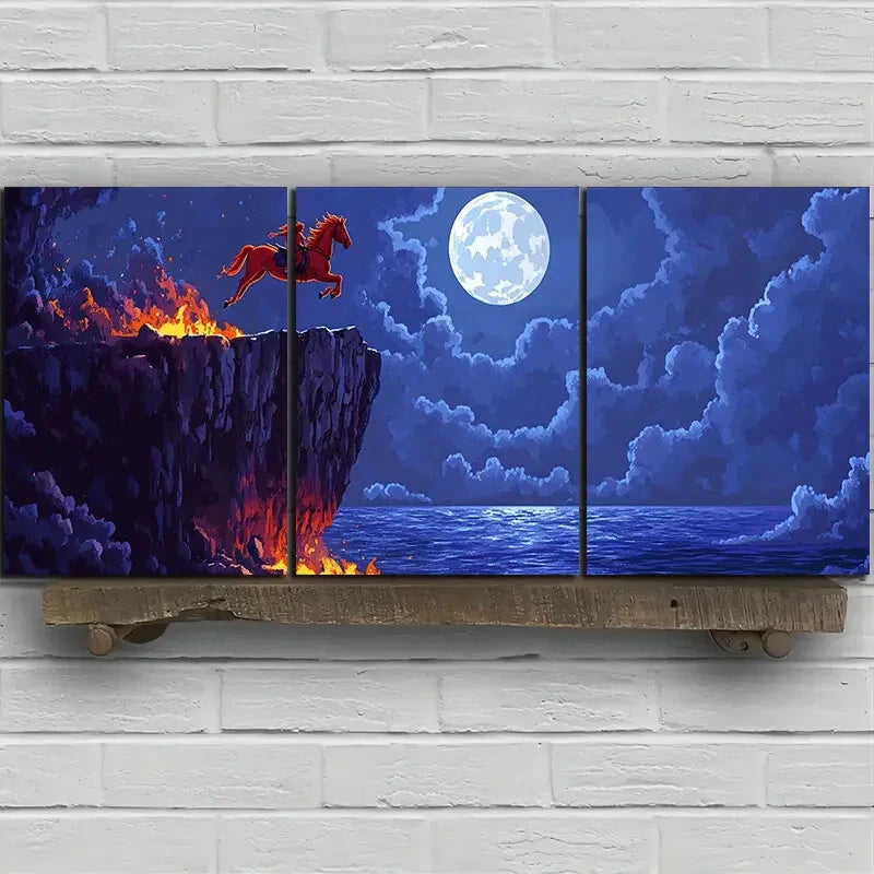 3pcs Red Horse Jumping Under Moonlight Metal Print Ready to Hang Art - Bella Home Decor