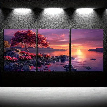 3pcs The Cherry Blossom Trees By The Lake Scene Metal Print Ready to Hang Art - Bella Home Decor