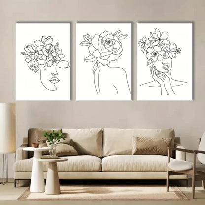 3pcs Black & White Floral Woman Illustrations Metal Print Ready to Hang Art - Bella Home Decor