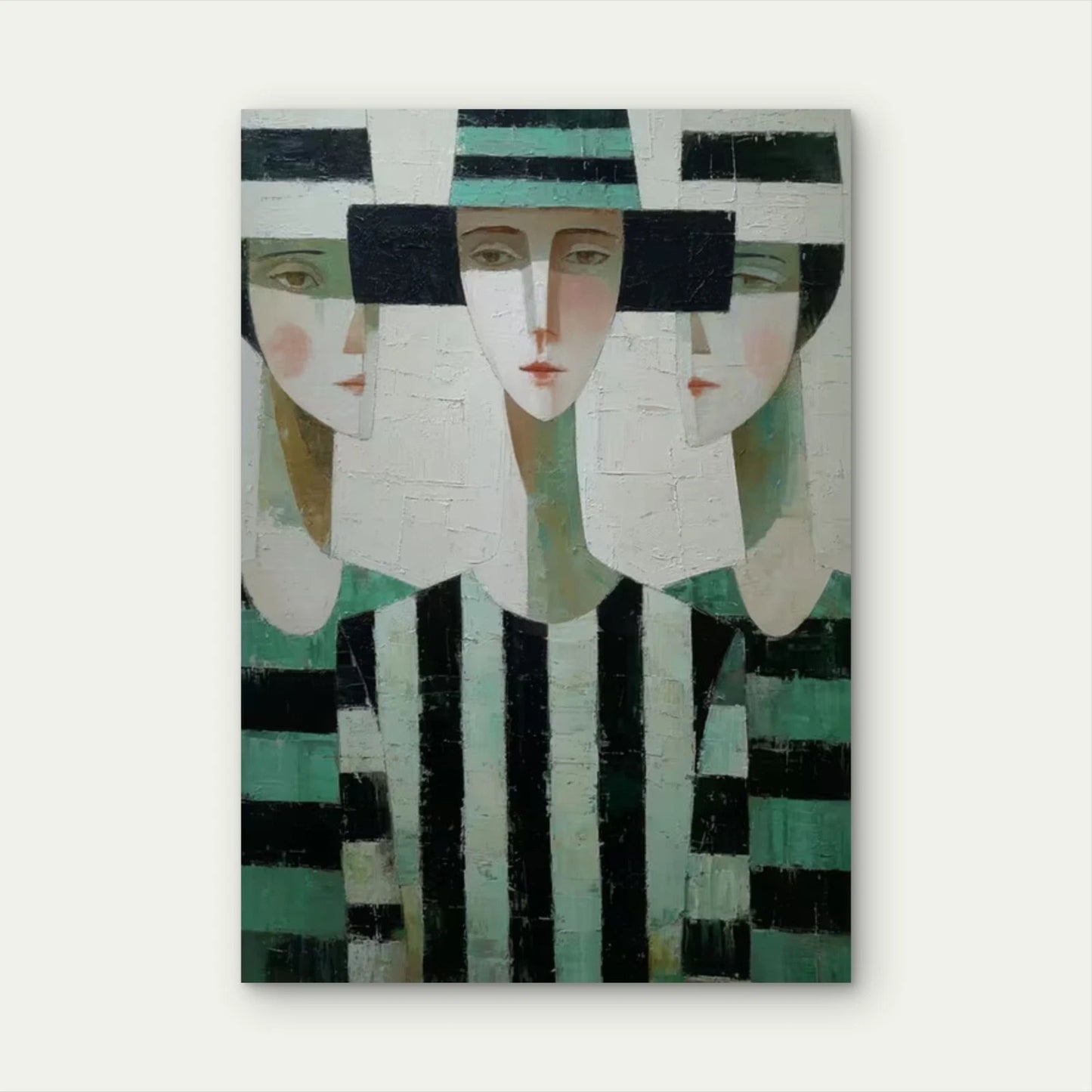 Abstract Green & Beige Geometric Woman  60x90cm Metal Print Ready to Hang
