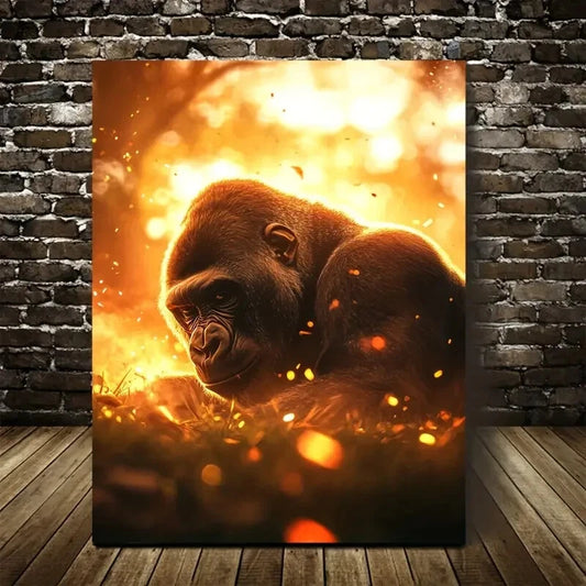 Stunning Gorilla Scene with Glowing Embers Painting 40x60cm Metal Print Ready to Hang - Bella Home Decor