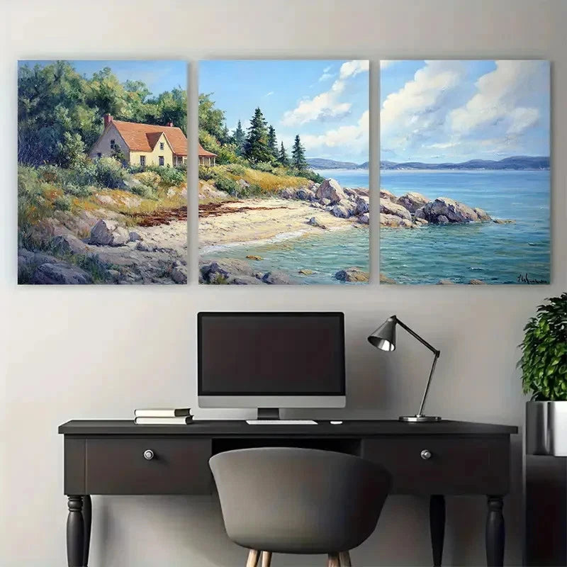 3pcs Coastal Landscape with House by a Rocky Beach Metal Print Ready to Hang Art - Bella Home Decor