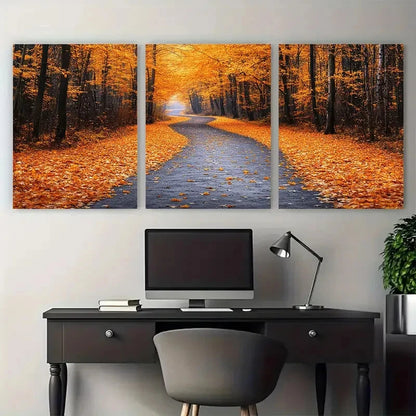 3pcs Autumn Path Yellow Orange Leaf Trees Wall Art Set Canvas Framed 40x60cm - High Quality Print 100% Australian Made Wall Canvas Ready to Hang