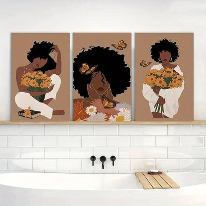 3pcs Boho Black Girl Sunflower Posters Painting Metal Print Ready to Hang Art - Bella Home Decor