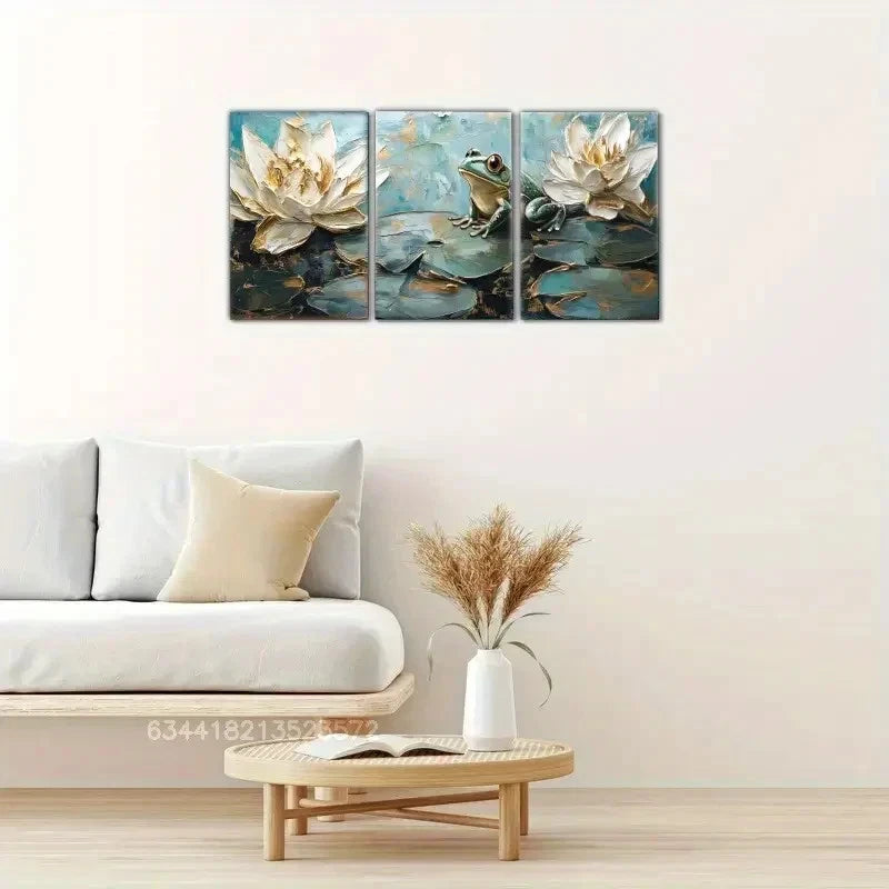 3pcs Abstract Water Lily & Frog Design Metal Print Ready to Hang Art - Bella Home Decor