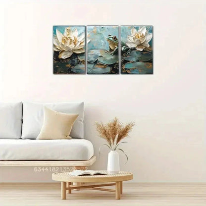 3pcs Abstract Water Lily & Frog Design Metal Print Ready to Hang Art - Bella Home Decor