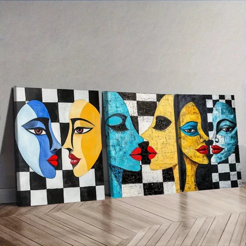 3pcs Two Strange Faces Looking At Each Other Wall Art Set Wall Art Canvas Unframed - High Quality Print 100% Australian Made Wall Canvas