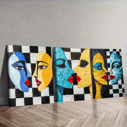 3pcs Two Strange Faces Looking At Each Other Wall Art Set Wall Art Canvas Unframed - High Quality Print 100% Australian Made Wall Canvas