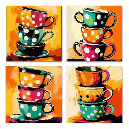 4pcs Colorful Cup Prints With Vibrant Polka Dots Wall Art Canvas Framed