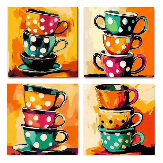 4pcs Colorful Cup Prints With Vibrant Polka Dots Wall Art Canvas Framed