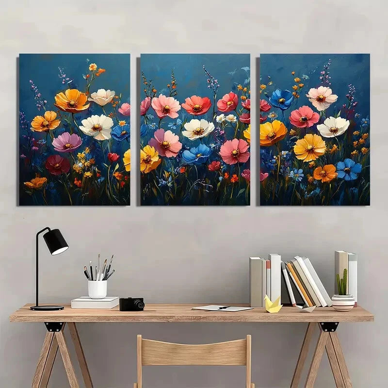 3pcs Vibrant Wildflower Spring Meadow Art Metal Print Ready to Hang Art