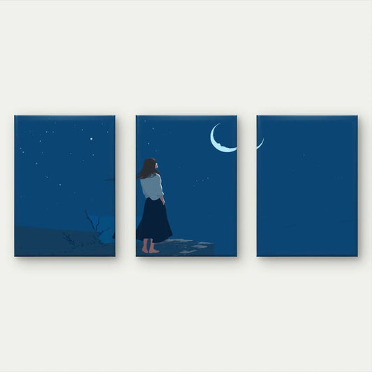 3pcs Woman With Night Sky and Crescent Moon Wall Art Set Canvas Framed 40x60cm - High Quality Print 100% Australian Made Wall Canvas Ready to Hang