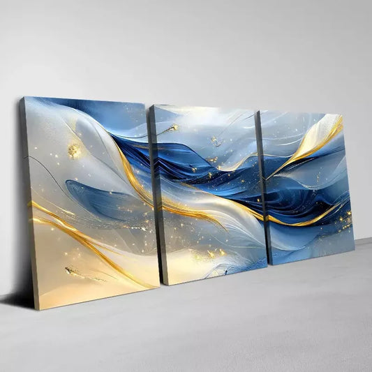 3pcs Elegant Abstract Blue Golden Lines Wall Art Set Canvas Framed 50x70cm - High Quality Print 100% Australian Made Wall Canvas Ready to Hang