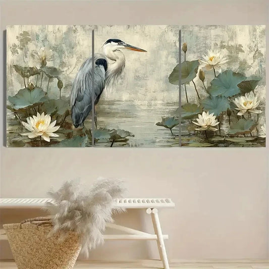 3pcs Blue Heron and for Lotus Graceful Bird Wall Art Set Canvas Framed 40x60cm - High Quality Print 100% Australian Made Wall Canvas Ready to Hang